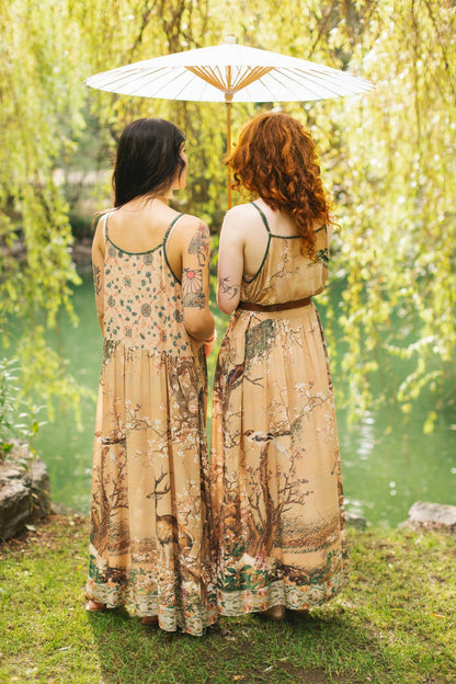 Fable Bohéme Long Maxi Slip Dress w/ Blossoms, Deer & Moon