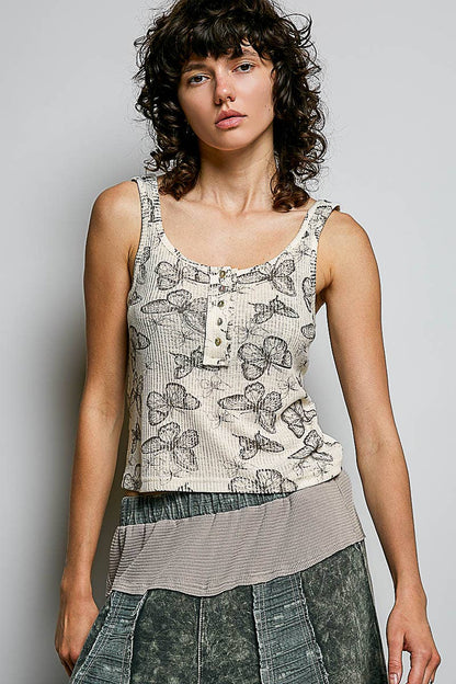 Flit & Vibe Vintage Washing Butterfly Print Slim Fit Knit Sleeveless Top