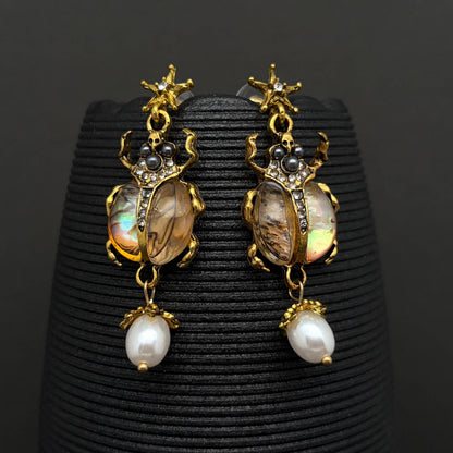Vintage Insect Pearl Pendant Earrings: Insect