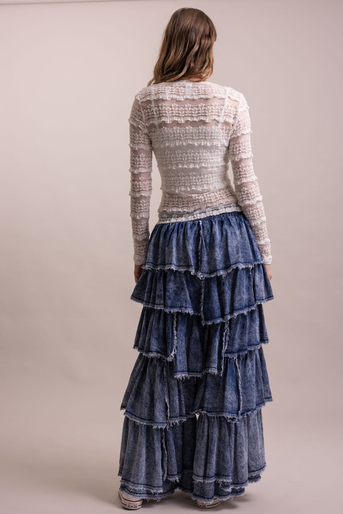 Elastic Waist Tiered Ruffle Pants - Boho Wanderlust Boutique Blue Velvet