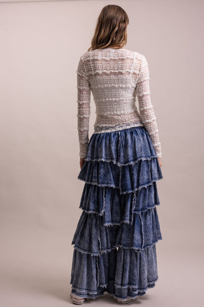 Elastic Waist Tiered Ruffle Pants - Boho Wanderlust Boutique Blue Velvet