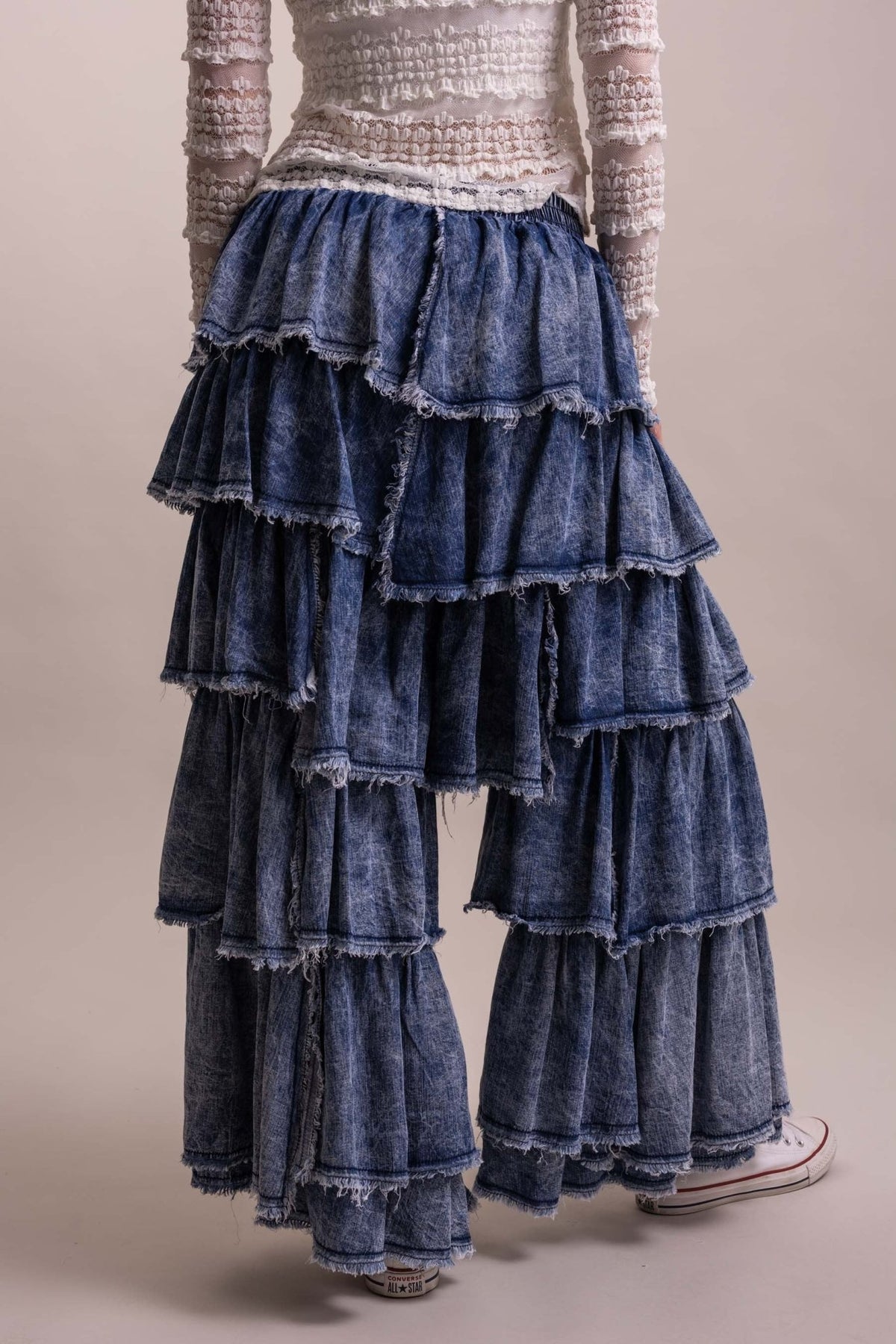 Elastic Waist Tiered Ruffle Pants - Boho Wanderlust Boutique Blue Velvet