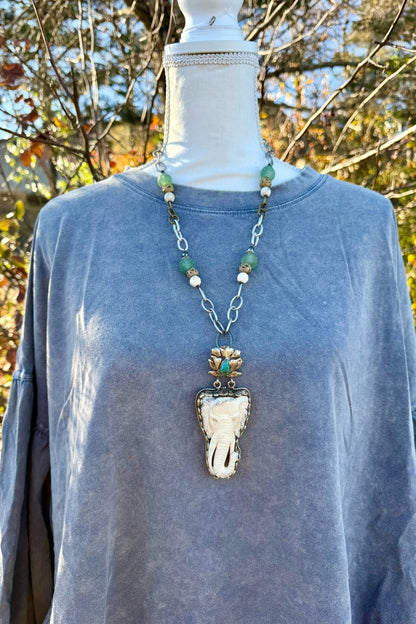 Elephant Carved Statement Necklace w/ Turquoise - ivyandlavyboutique ivyandlavyboutique