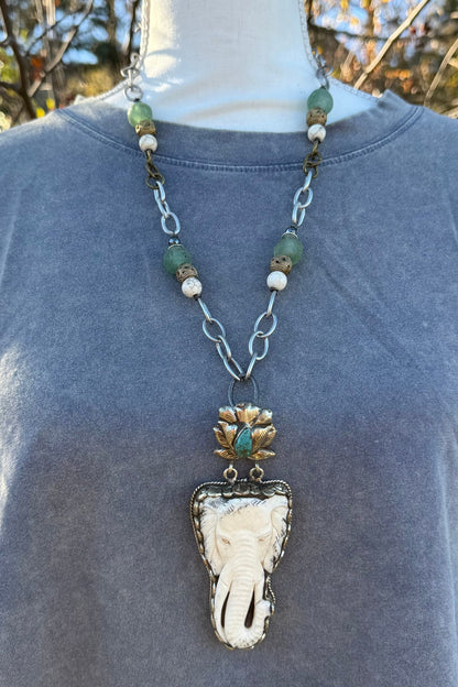 Elephant Carved Statement Necklace w/ Turquoise - ivyandlavyboutique ivyandlavyboutique