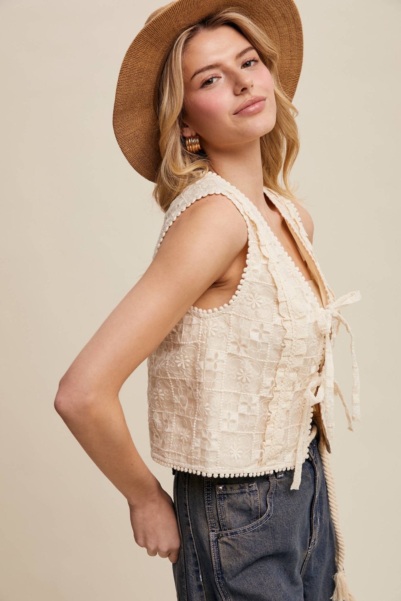 Embroidered Lace Tie - Front Vest in Ercu - ivyandlavyboutique Listicle