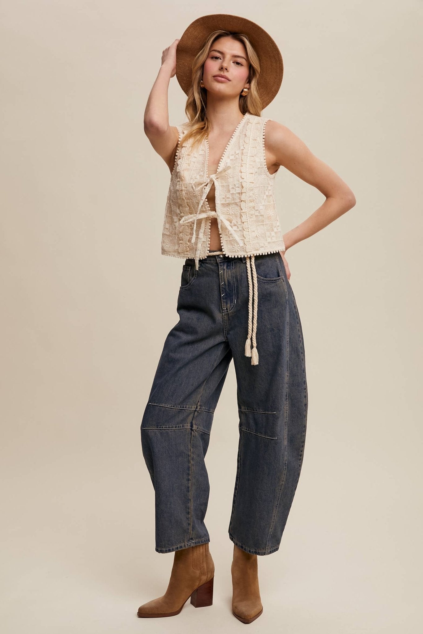 Embroidered Lace Tie - Front Vest in Ercu - ivyandlavyboutique Listicle