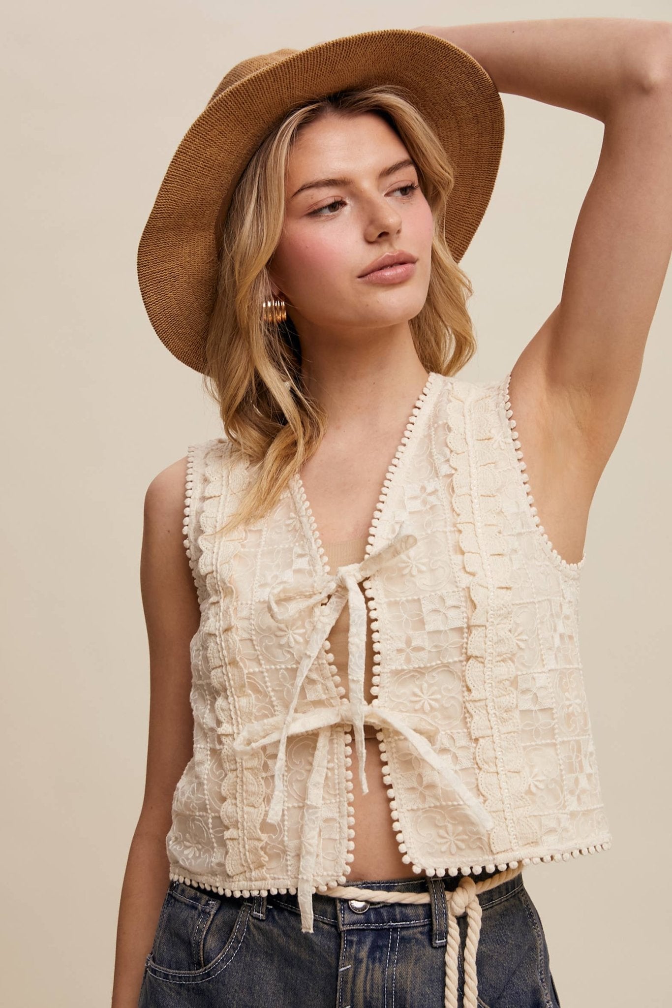 Embroidered Lace Tie - Front Vest in Ercu - ivyandlavyboutique Listicle