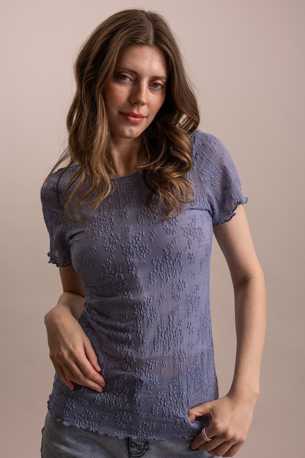Embroidered Mesh Lace Fitted Short Sleeve Top - ivyandlavyboutique Blue Velvet
