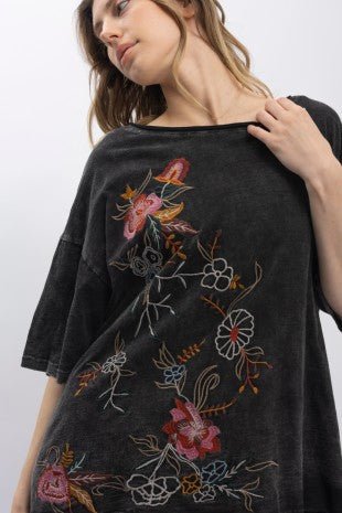 Embroidered Short Sleeve Washed Top - ivyandlavyboutique Blue Velvet
