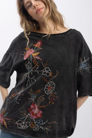 Embroidered Short Sleeve Washed Top - ivyandlavyboutique Blue Velvet
