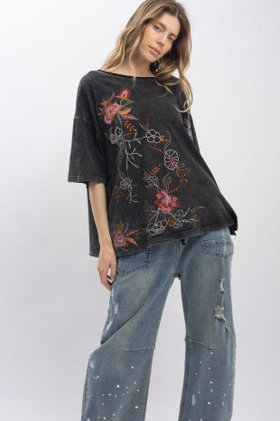 Embroidered Short Sleeve Washed Top - ivyandlavyboutique Blue Velvet