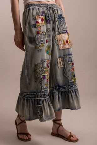 Embroidery Patchwork Ruffle Hem Cropped Pants - ivyandlavyboutique Blue Velvet