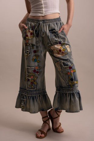 Embroidery Patchwork Ruffle Hem Cropped Pants - ivyandlavyboutique Blue Velvet