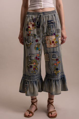 Embroidery Patchwork Ruffle Hem Cropped Pants - ivyandlavyboutique Blue Velvet