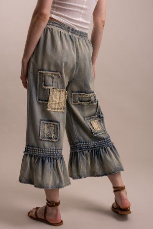 Embroidery Patchwork Ruffle Hem Cropped Pants - ivyandlavyboutique Blue Velvet