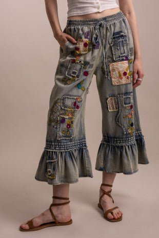 Embroidery Patchwork Ruffle Hem Cropped Pants - ivyandlavyboutique Blue Velvet
