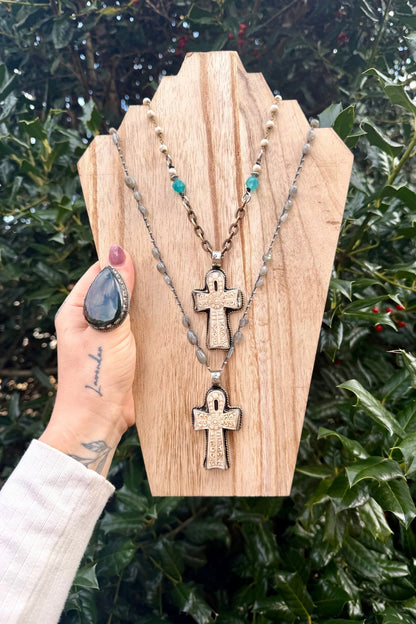 Etched Cross Blue Statement Necklace - ivyandlavyboutique ivyandlavyboutique