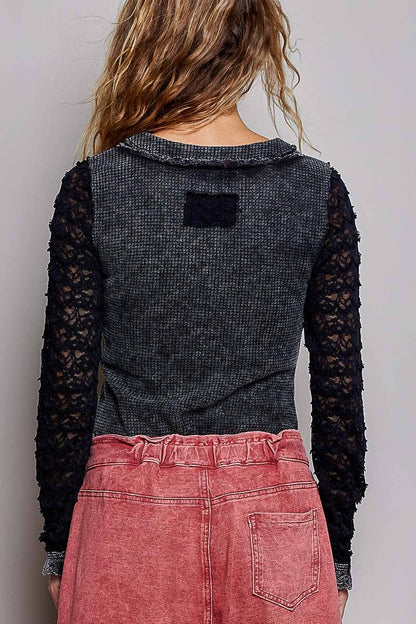 Everdeen Vintage Wash Thermal Lace Sleeve V-Neck Button Slim Top - ivyandlavyboutique Pol Clothing