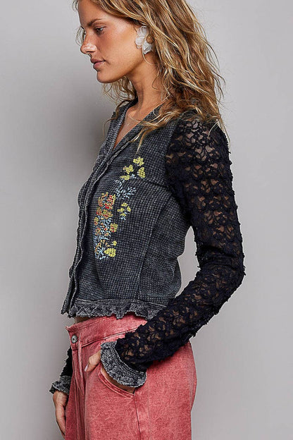 Everdeen Vintage Wash Thermal Lace Sleeve V-Neck Button Slim Top - ivyandlavyboutique Pol Clothing