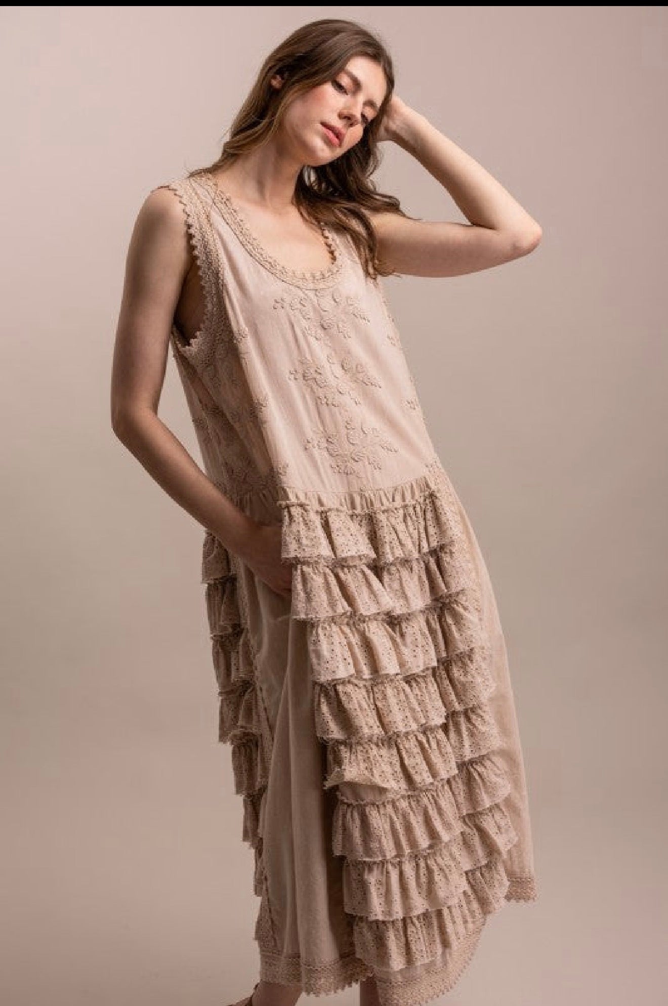 Eyelet Laced Embroidered Ruffle Sleeveless Dress in Taupe - ivyandlavyboutique Blue Velvet