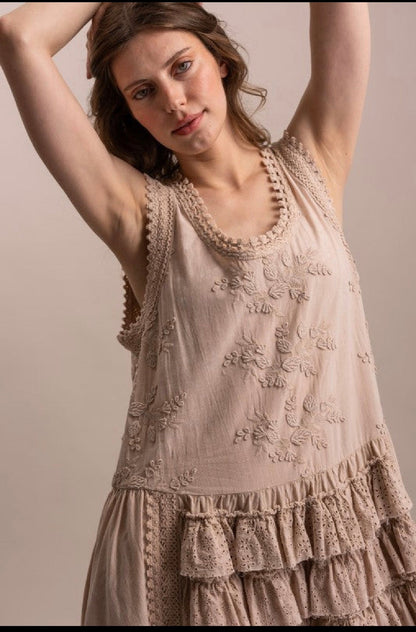 Eyelet Laced Embroidered Ruffle Sleeveless Dress in Taupe - ivyandlavyboutique Blue Velvet