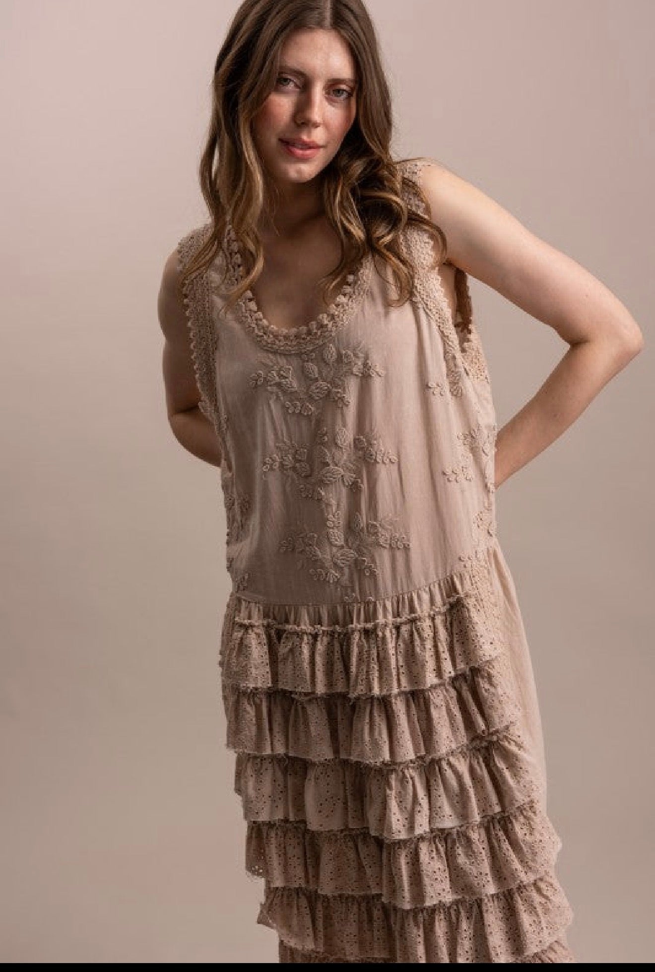 Eyelet Laced Embroidered Ruffle Sleeveless Dress in Taupe - ivyandlavyboutique Blue Velvet