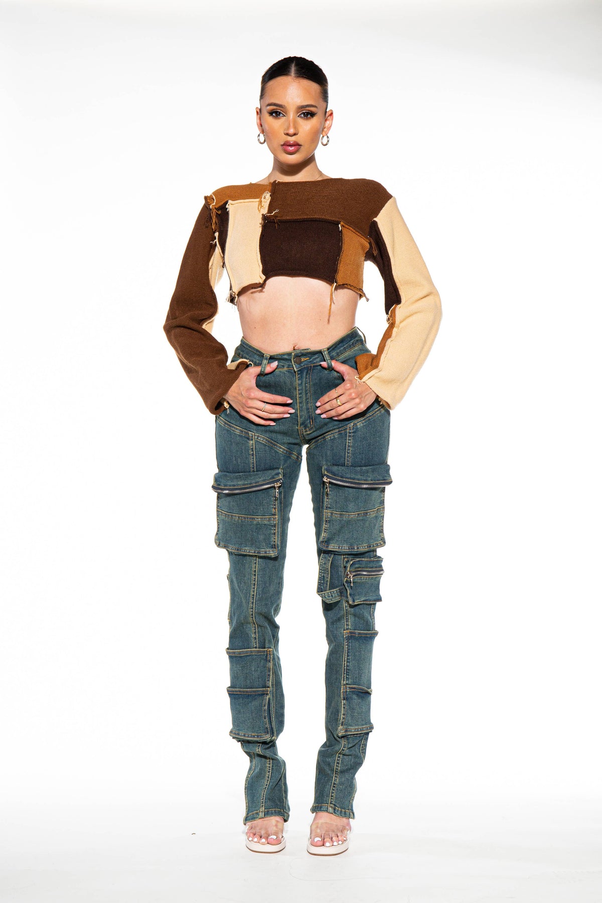 Raw Edge Color Block Cropped Knit Sweater