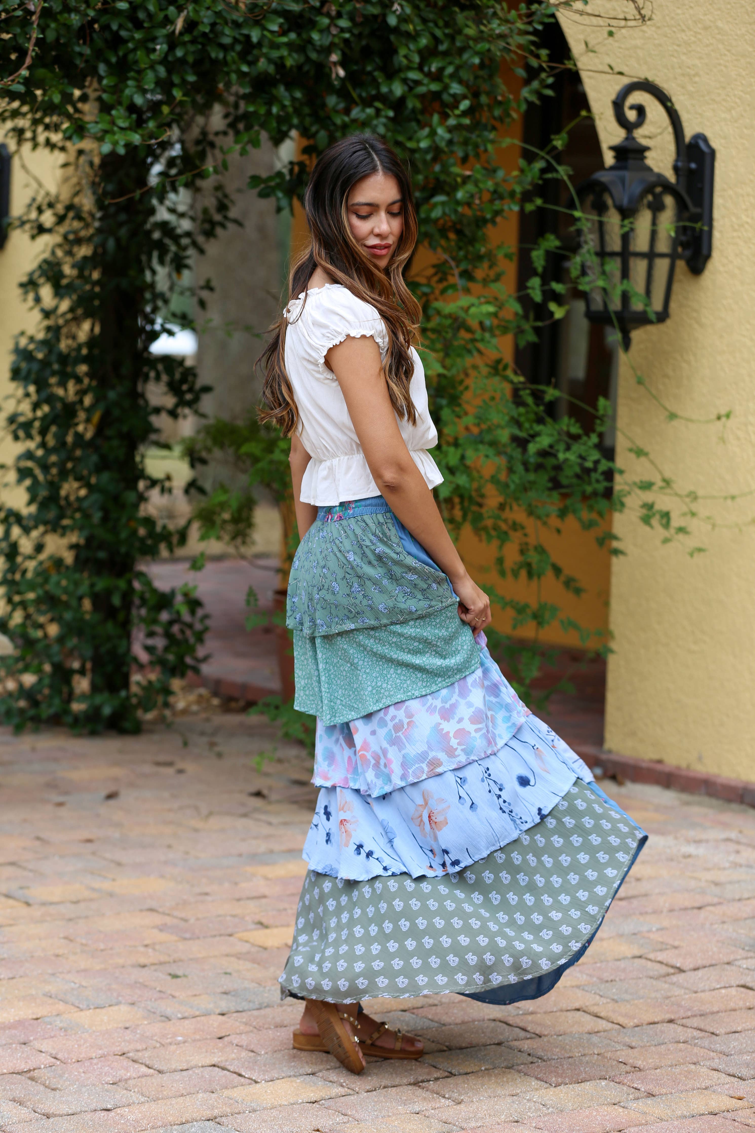 Sage & Sky Patchwork Tiered Ruffel Skirt