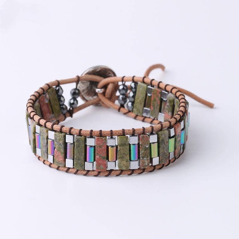 Handmade Cuboid Natural Stone Beaded Woven Bracelet - CS: Green Aventurine