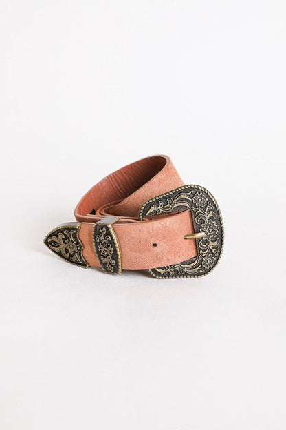 Faux Suede Antique Gold Western Buckle Belt - ivyandlavyboutique Leto Accessories
