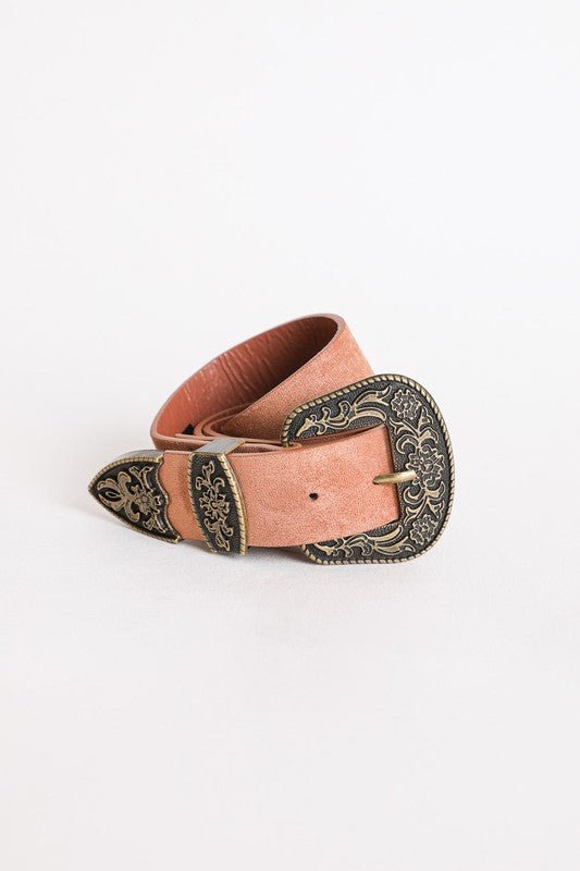 Faux Suede Antique Gold Western Buckle Belt - ivyandlavyboutique Leto Accessories