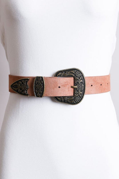 Faux Suede Antique Gold Western Buckle Belt - ivyandlavyboutique Leto Accessories