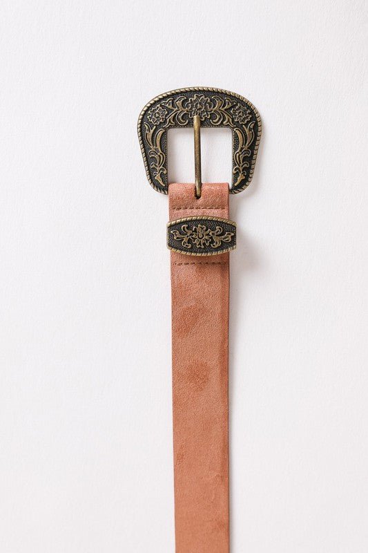 Faux Suede Antique Gold Western Buckle Belt - ivyandlavyboutique Leto Accessories