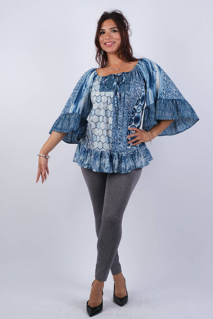 Flowy Sapphire Ocean Bohemian Patchwork Top