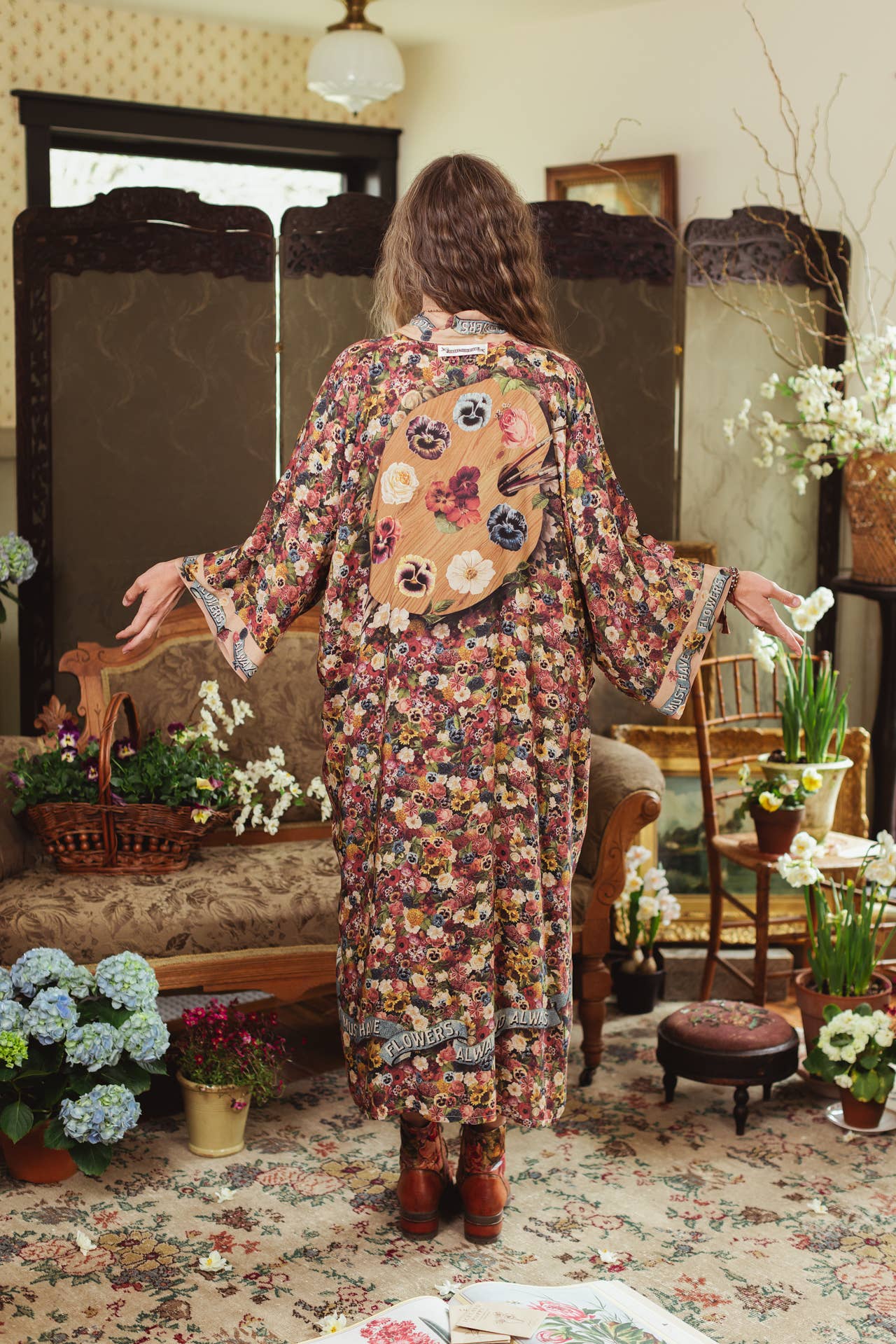 Art of Life Opera Duster Kimono Robe w/Flower Palette Print