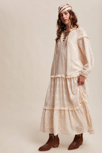 Final Sale - Lace - Up Tiered Embroidered Maxi Dress - ivyandlavyboutique Listicle
