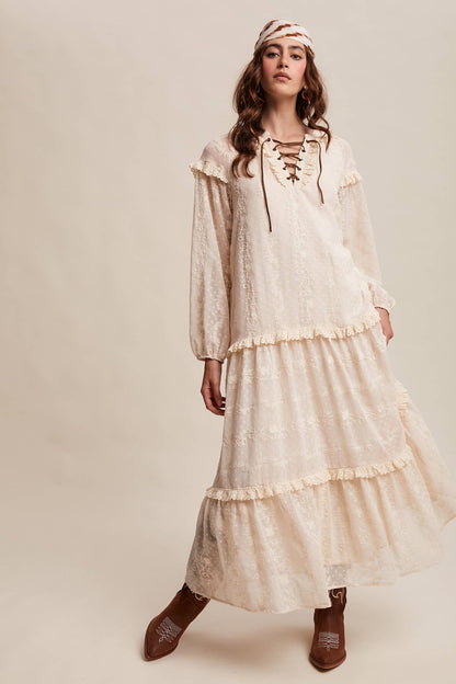 Final Sale - Lace - Up Tiered Embroidered Maxi Dress - ivyandlavyboutique Listicle