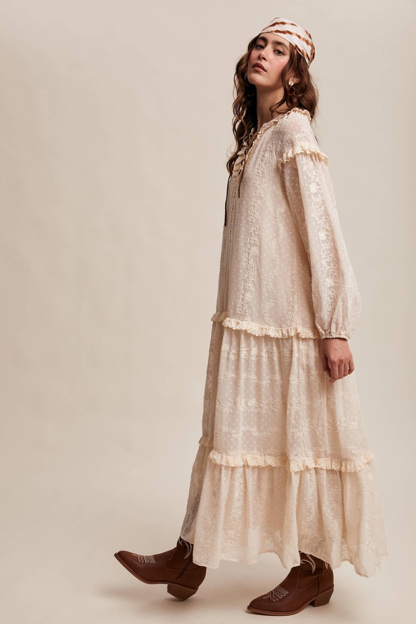 Final Sale - Lace - Up Tiered Embroidered Maxi Dress - ivyandlavyboutique Listicle