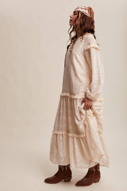 Final Sale - Lace - Up Tiered Embroidered Maxi Dress - ivyandlavyboutique Listicle