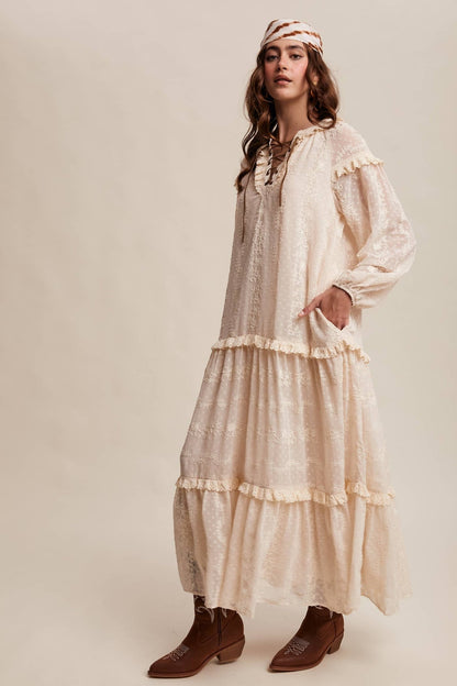 Final Sale - Lace - Up Tiered Embroidered Maxi Dress - ivyandlavyboutique Listicle