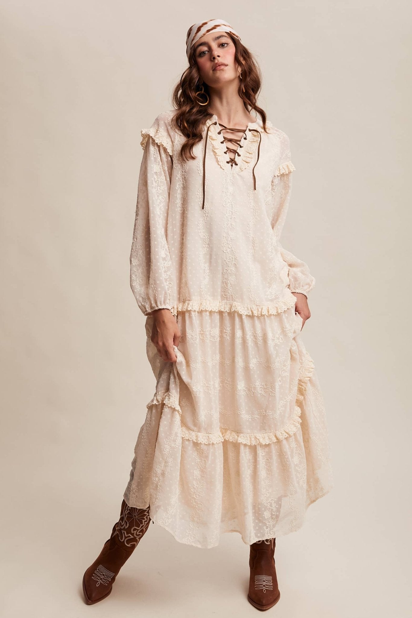 Final Sale - Lace - Up Tiered Embroidered Maxi Dress - ivyandlavyboutique Listicle