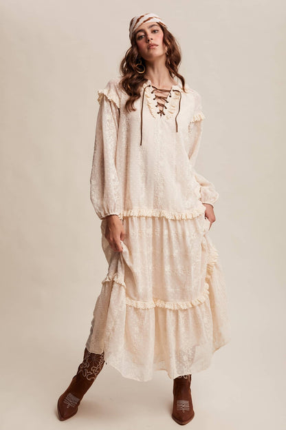 Final Sale - Lace - Up Tiered Embroidered Maxi Dress - ivyandlavyboutique Listicle