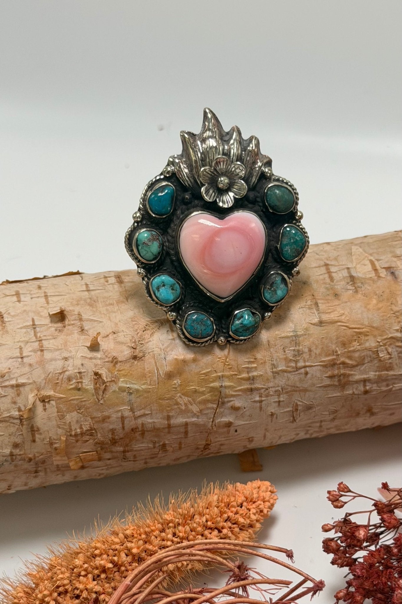 Flaming Heart in Pink Shell & Turquoise Ring - ivyandlavyboutique ivyandlavyboutique
