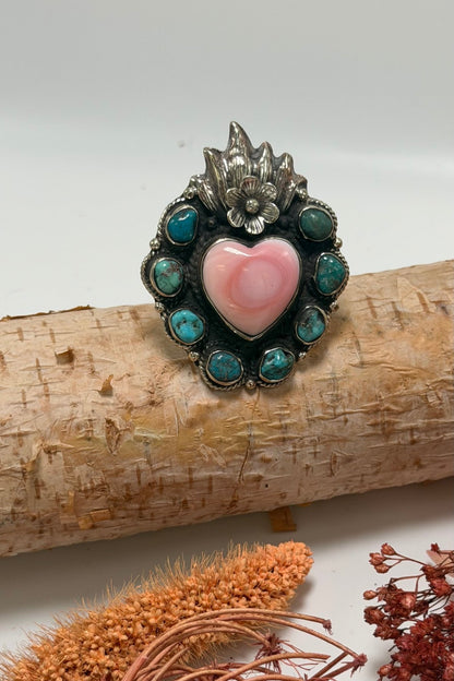 Flaming Heart in Pink Shell & Turquoise Ring - ivyandlavyboutique ivyandlavyboutique
