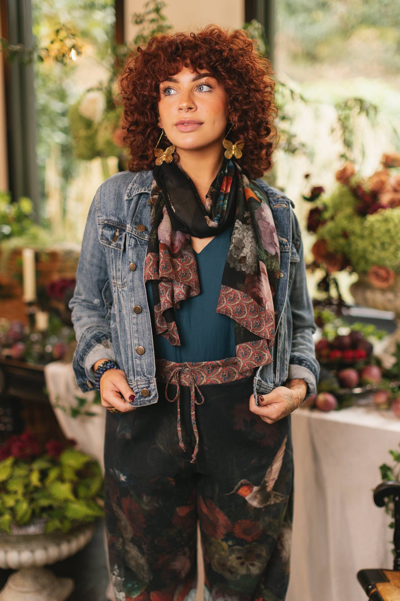 Flight of Fancy Floral Scarf with Hummingbirds Print - ivyandlavyboutique Market of Stars