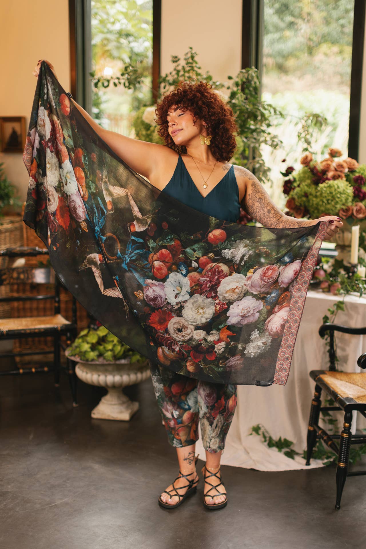 Flight of Fancy Floral Scarf with Hummingbirds Print - ivyandlavyboutique Market of Stars