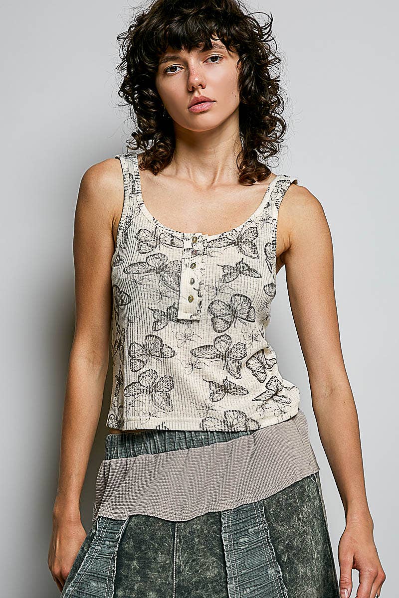 Flit & Vibe Vintage Washing Butterfly Print Slim Fit Knit Sleeveless Top - ivyandlavyboutique Pol Clothing