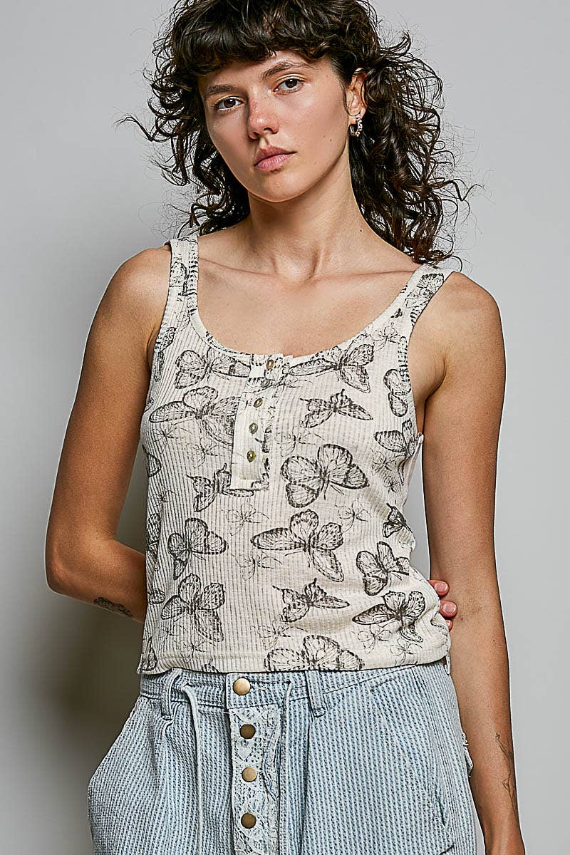 Flit & Vibe Vintage Washing Butterfly Print Slim Fit Knit Sleeveless Top - ivyandlavyboutique Pol Clothing