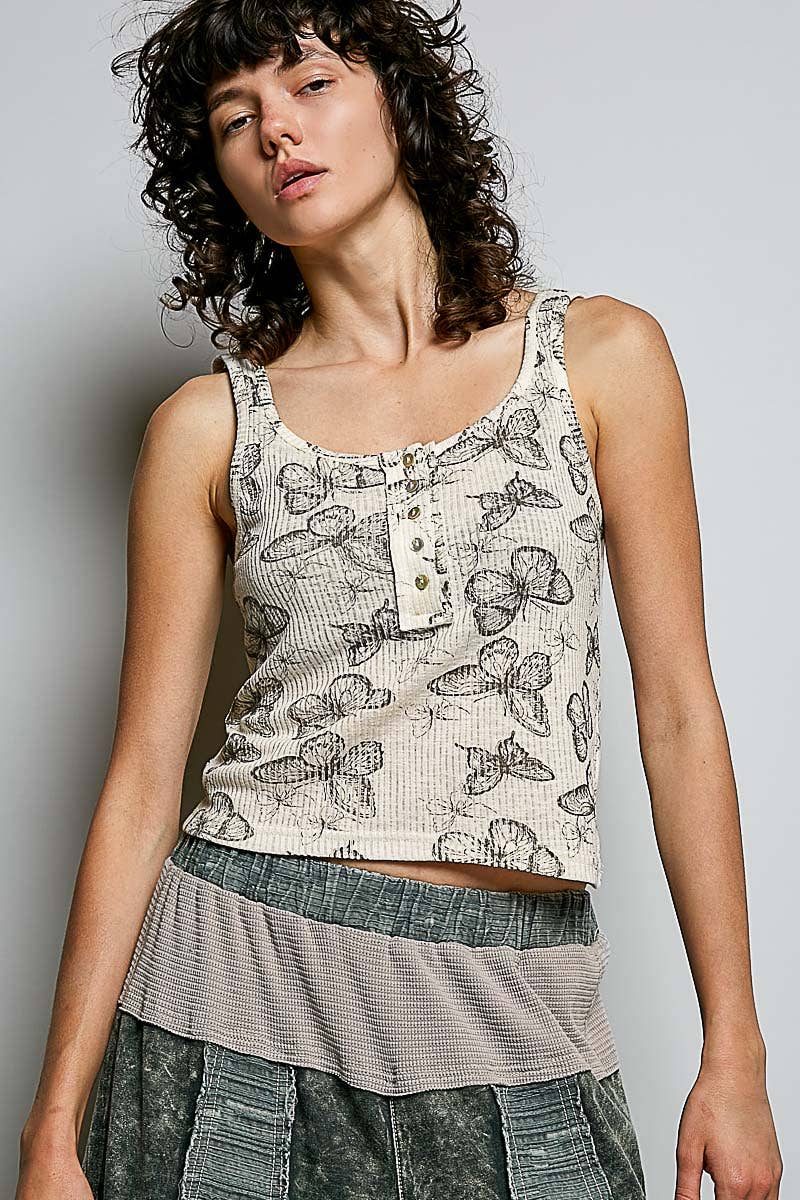 Flit & Vibe Vintage Washing Butterfly Print Slim Fit Knit Sleeveless Top - ivyandlavyboutique Pol Clothing
