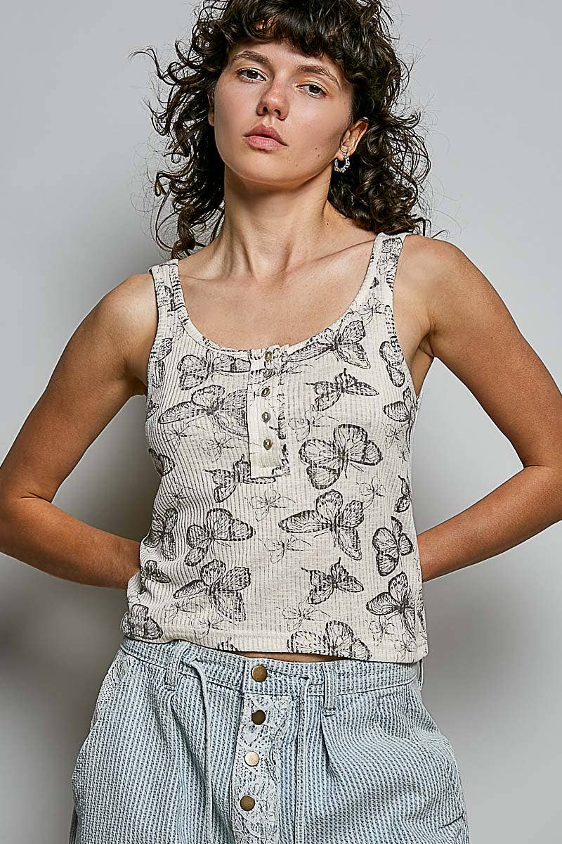 Flit & Vibe Vintage Washing Butterfly Print Slim Fit Knit Sleeveless Top - ivyandlavyboutique Pol Clothing